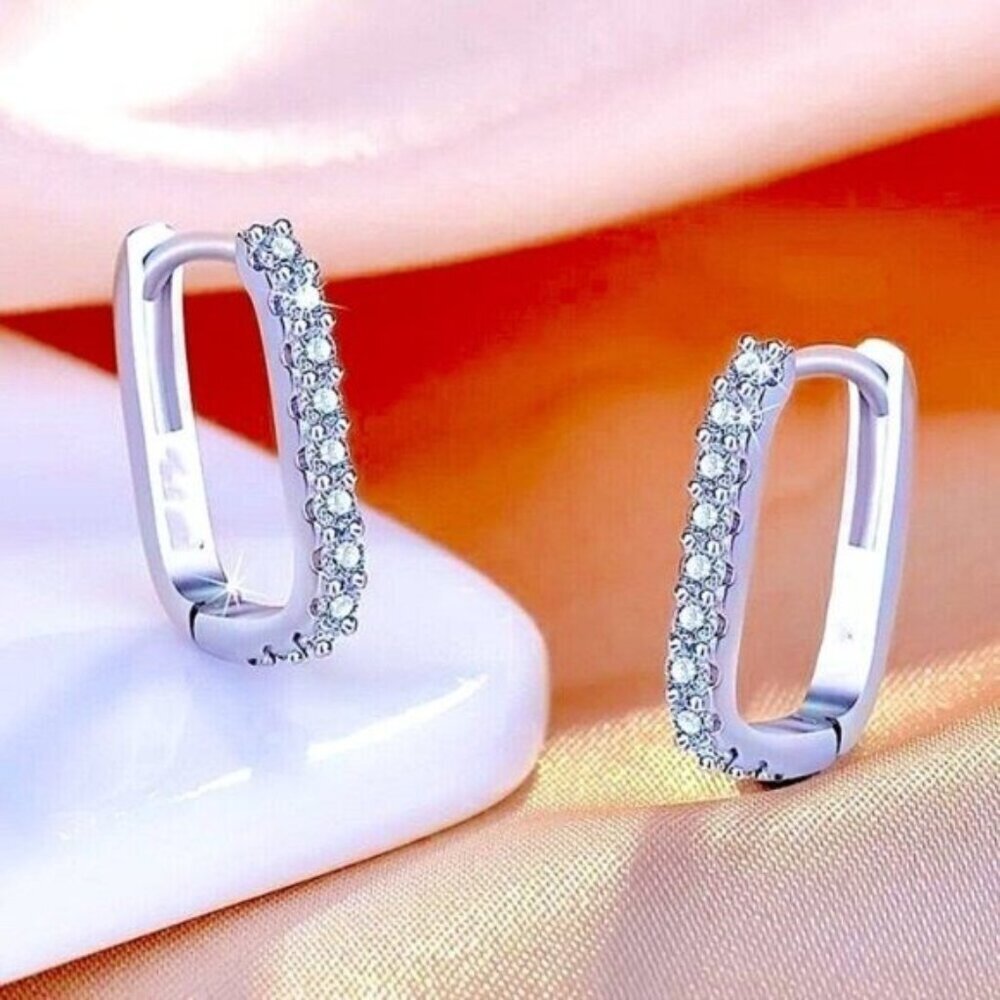 Silver tone Square Hoop Earrings With Sparkling Cubic Zirconia new